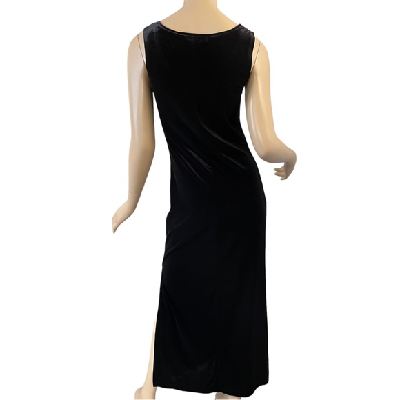 Black Velvet Long Cocktail Dress Slit Sleeveless Stretchy Vintage 90s Medium - Picture 3 of 11